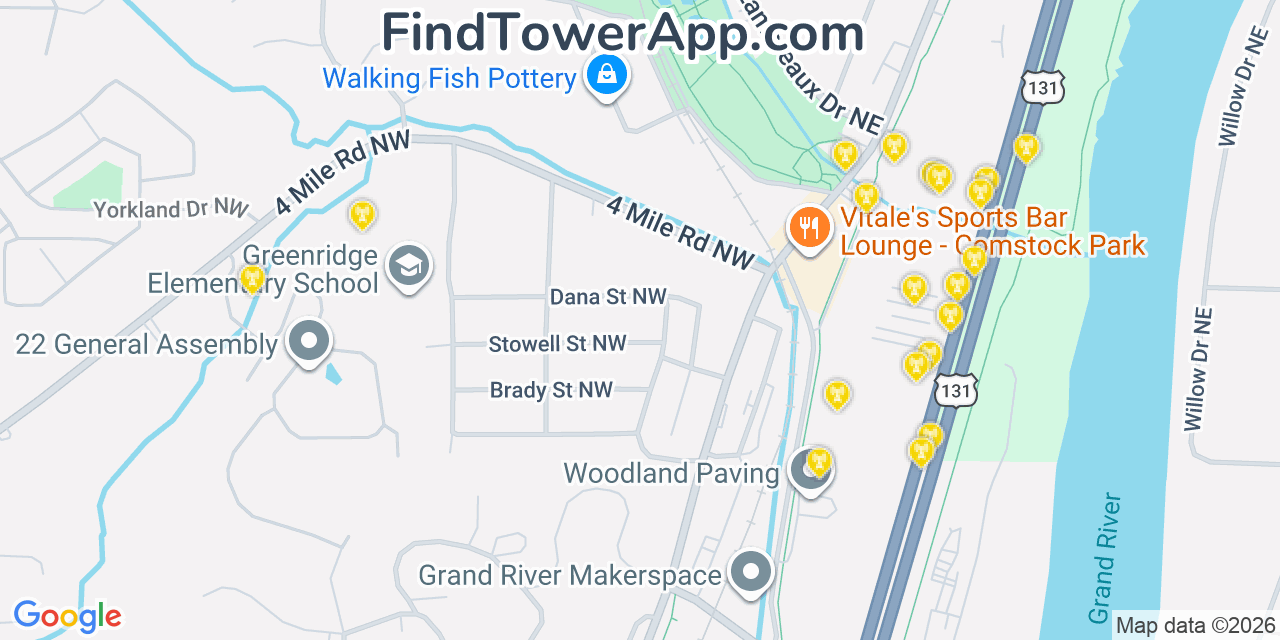 Map showing the 20 primary cell tower locations detected in Comstock Park, Michigan from AT&T, Verizon, and T-Mobile networks