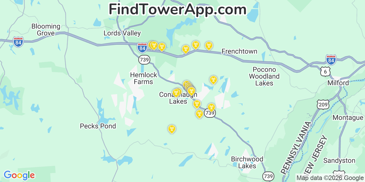 Map showing the 20 primary cell tower locations detected in Conashaugh Lakes, Pennsylvania from AT&T, Verizon, and T-Mobile networks