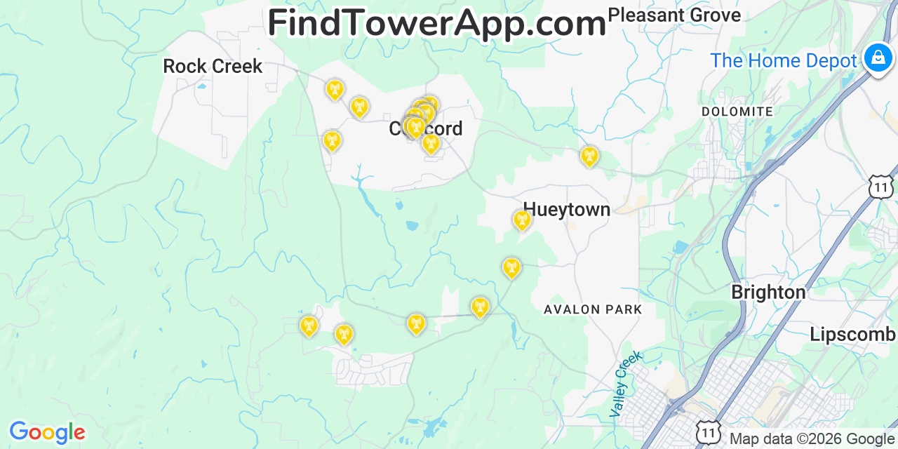 Map showing the 20 primary cell tower locations detected in Concord, Alabama from AT&T, Verizon, and T-Mobile networks