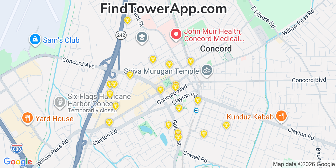 Map showing the 20 primary cell tower locations detected in Concord, California from AT&T, Verizon, and T-Mobile networks