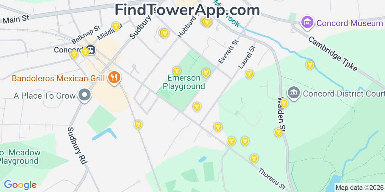 Map showing the 20 primary cell tower locations detected in Concord, Massachusetts from AT&T, Verizon, and T-Mobile networks