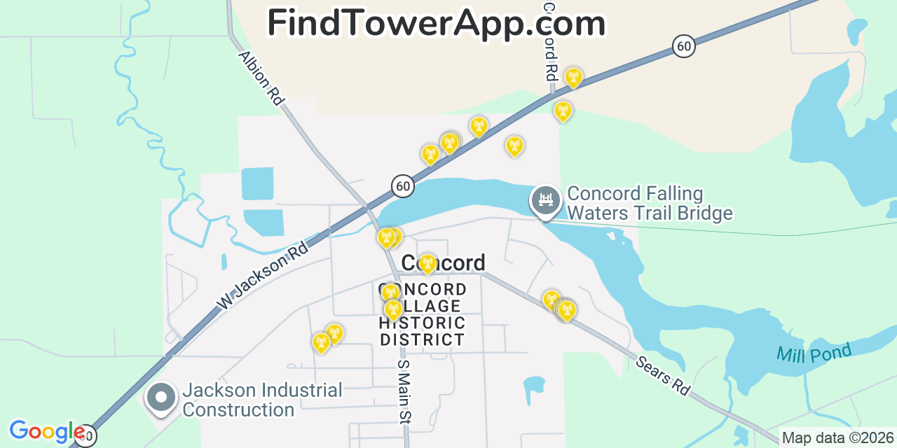 Map showing the 20 primary cell tower locations detected in Concord, Michigan from AT&T, Verizon, and T-Mobile networks