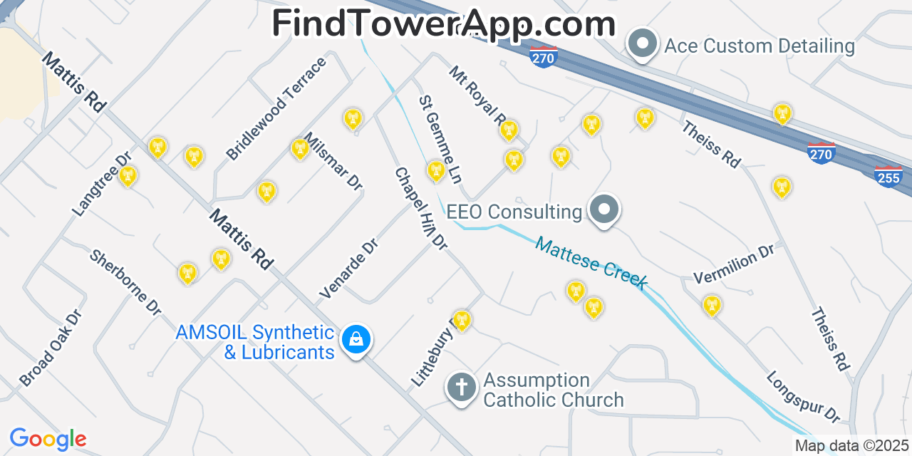Map showing the 20 primary cell tower locations detected in Concord, Missouri from AT&T, Verizon, and T-Mobile networks