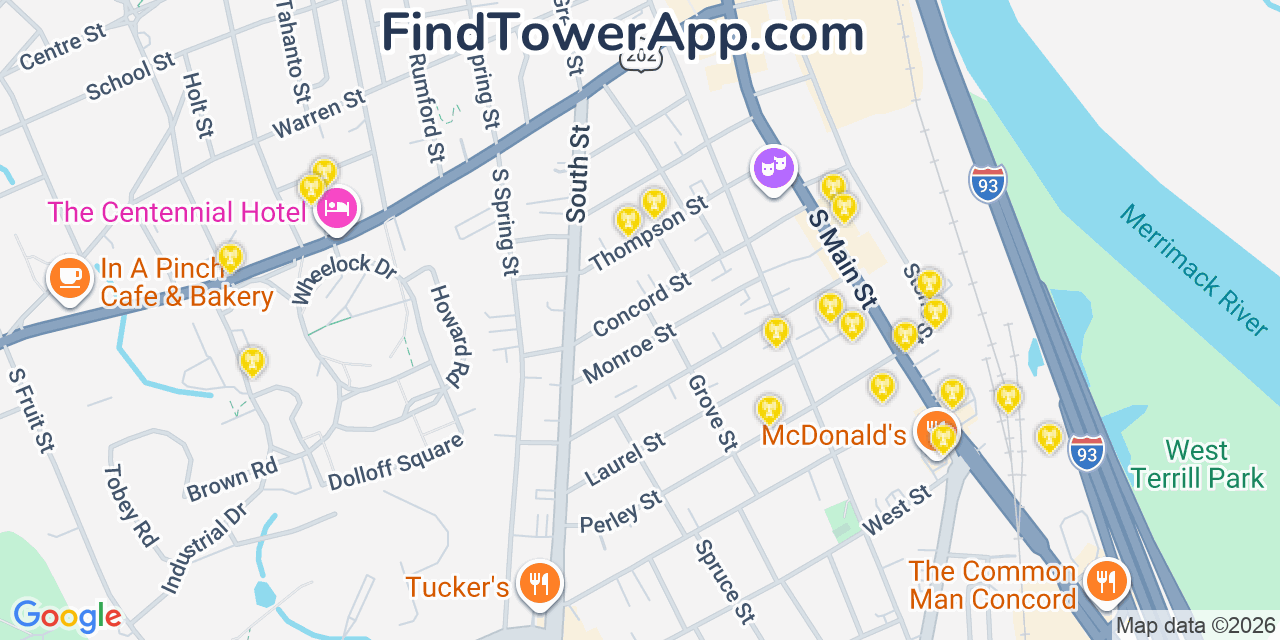 Map showing the 20 primary cell tower locations detected in Concord, New Hampshire from AT&T, Verizon, and T-Mobile networks