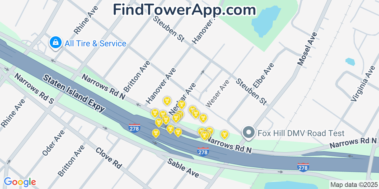 Map showing the 20 primary cell tower locations detected in Concord, New York from AT&T, Verizon, and T-Mobile networks