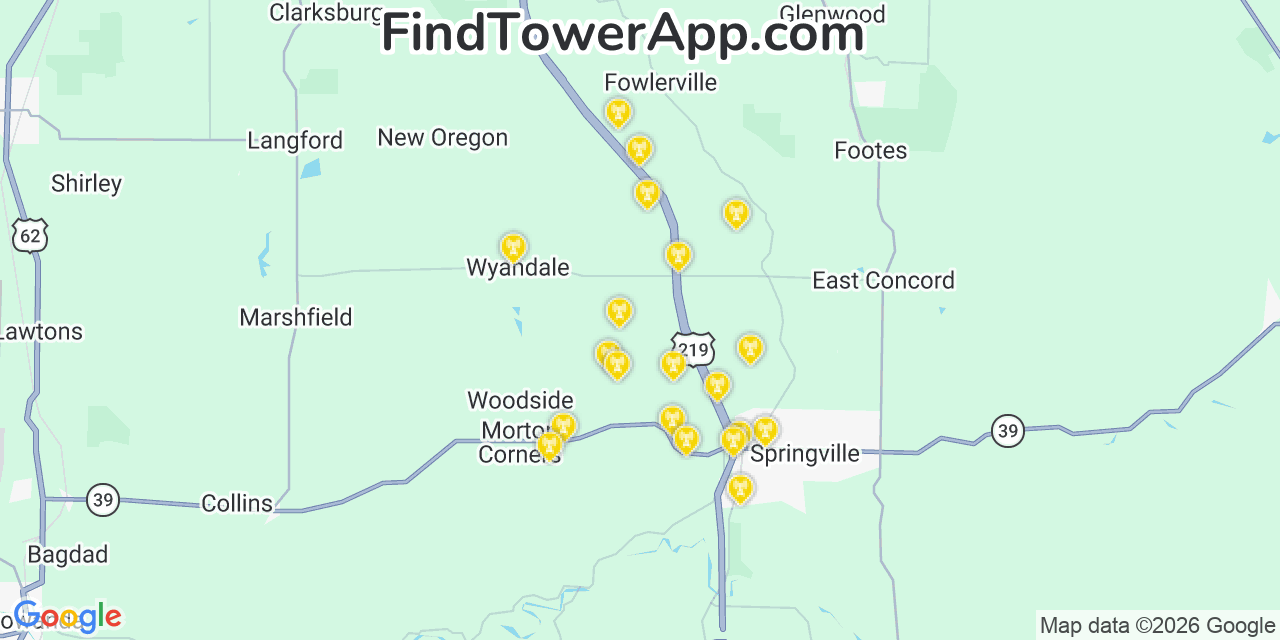 Map showing the 20 primary cell tower locations detected in Concord, New York from AT&T, Verizon, and T-Mobile networks