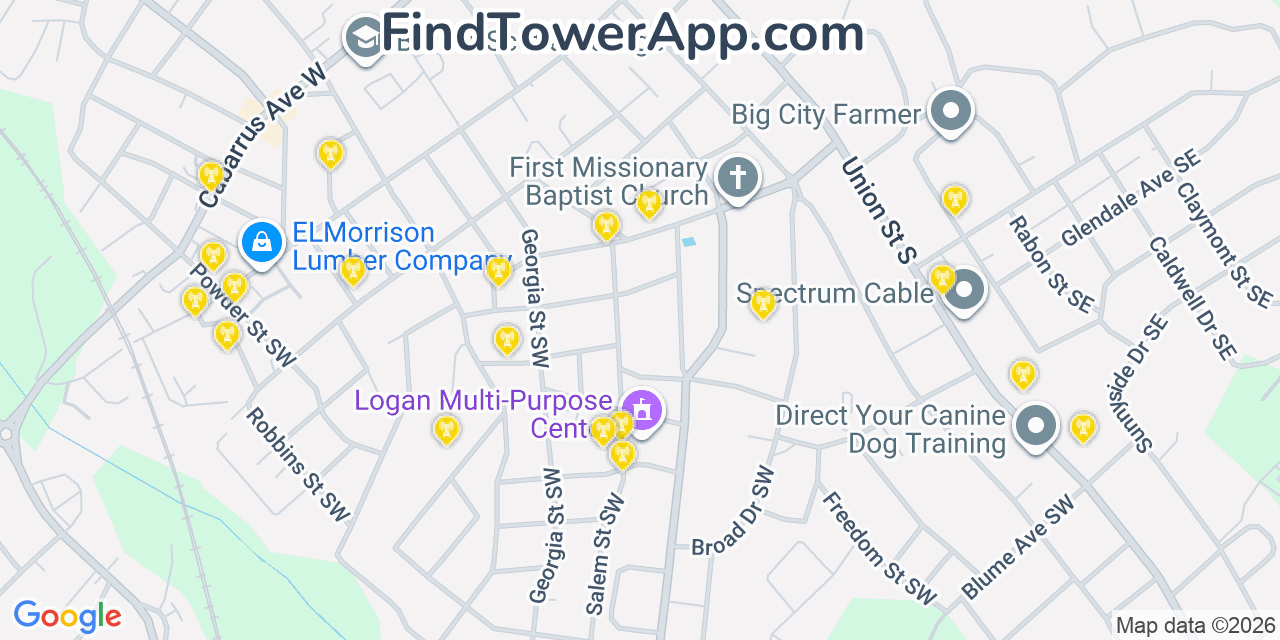 Map showing the 20 primary cell tower locations detected in Concord, North Carolina from AT&T, Verizon, and T-Mobile networks