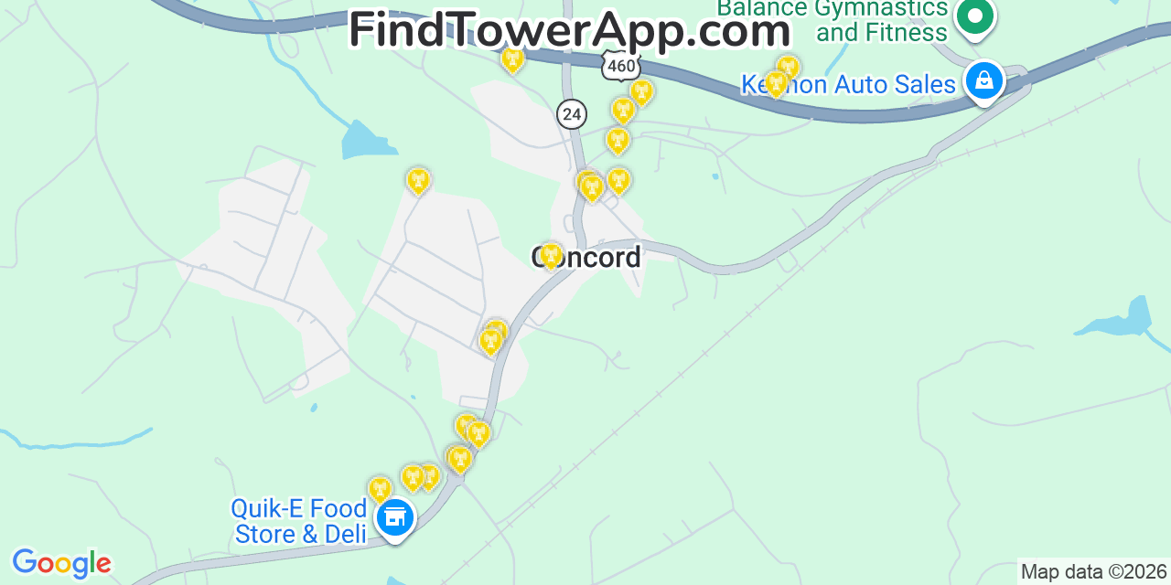 Map showing the 20 primary cell tower locations detected in Concord, Virginia from AT&T, Verizon, and T-Mobile networks