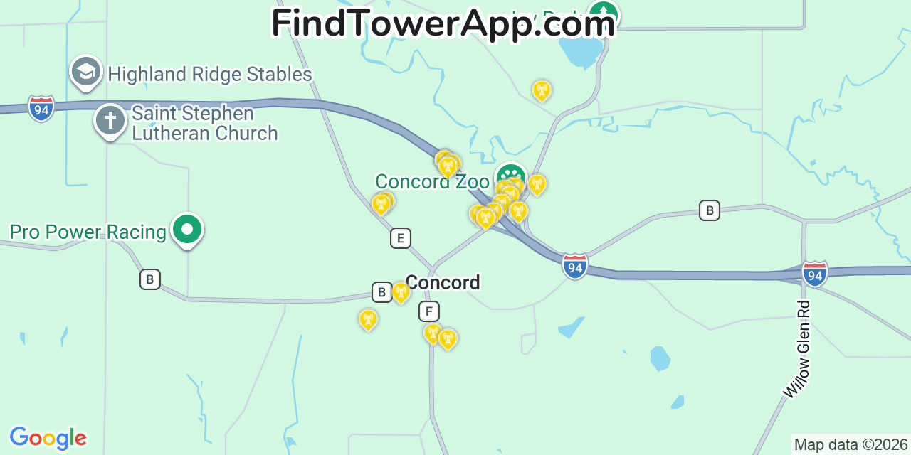 Map showing the 20 primary cell tower locations detected in Concord, Wisconsin from AT&T, Verizon, and T-Mobile networks