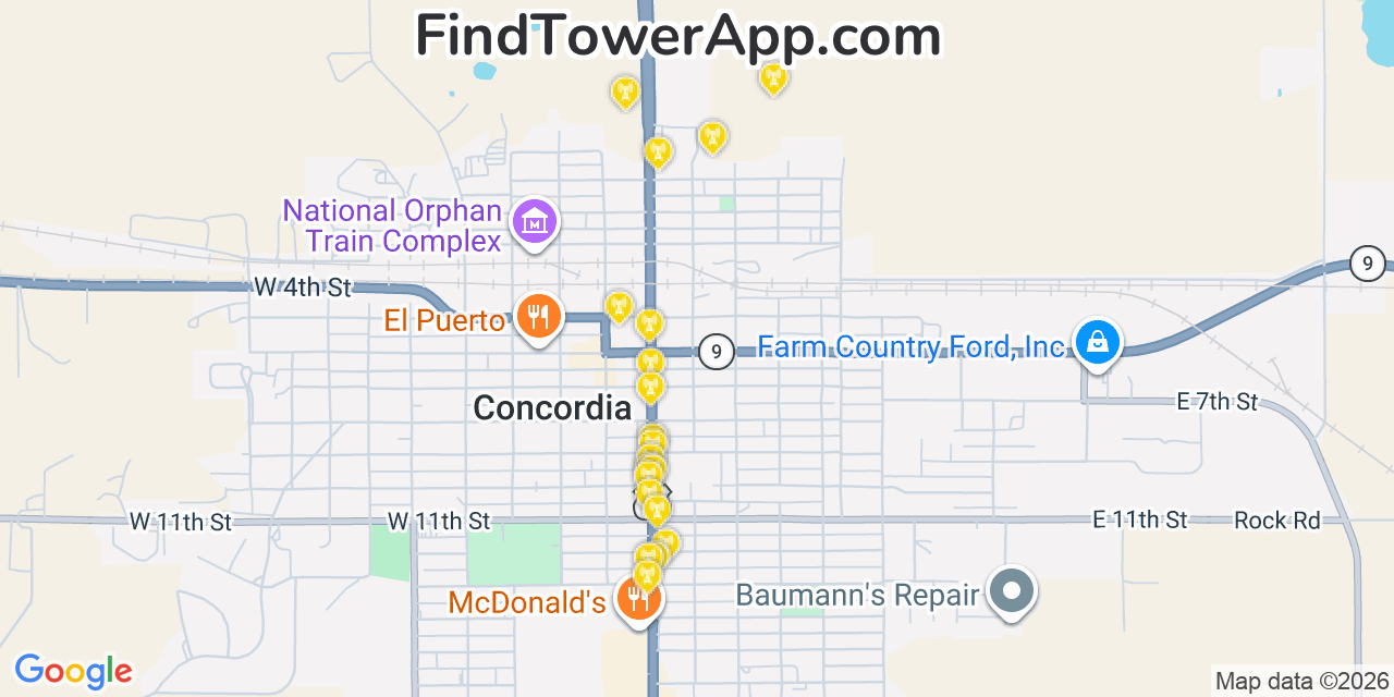Map showing the 20 primary cell tower locations detected in Concordia, Kansas from AT&T, Verizon, and T-Mobile networks