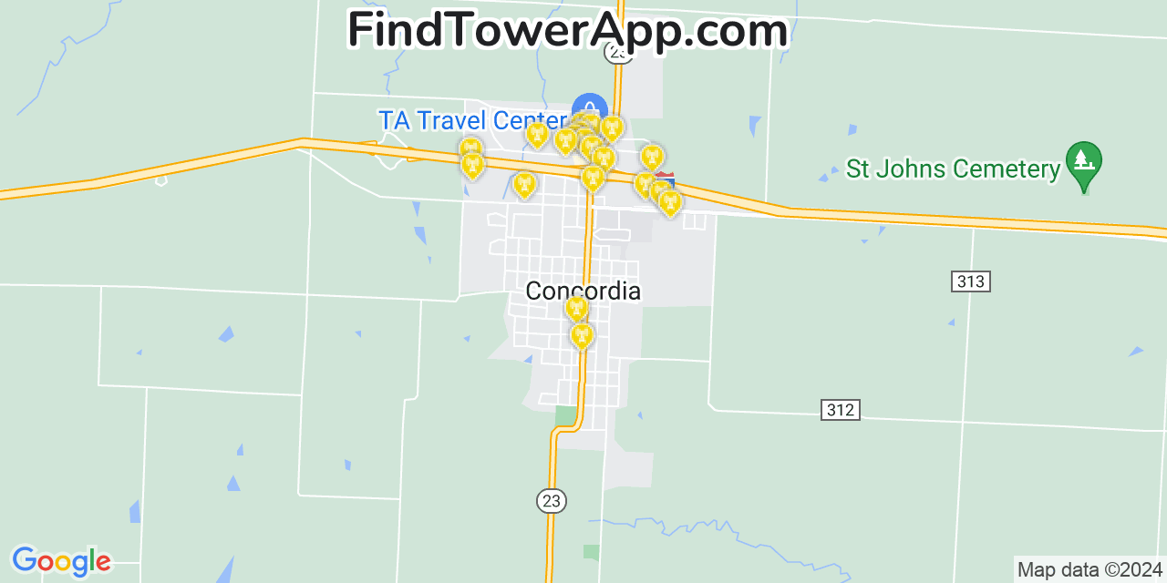 AT&T 4G/5G cell tower coverage map Concordia, Missouri