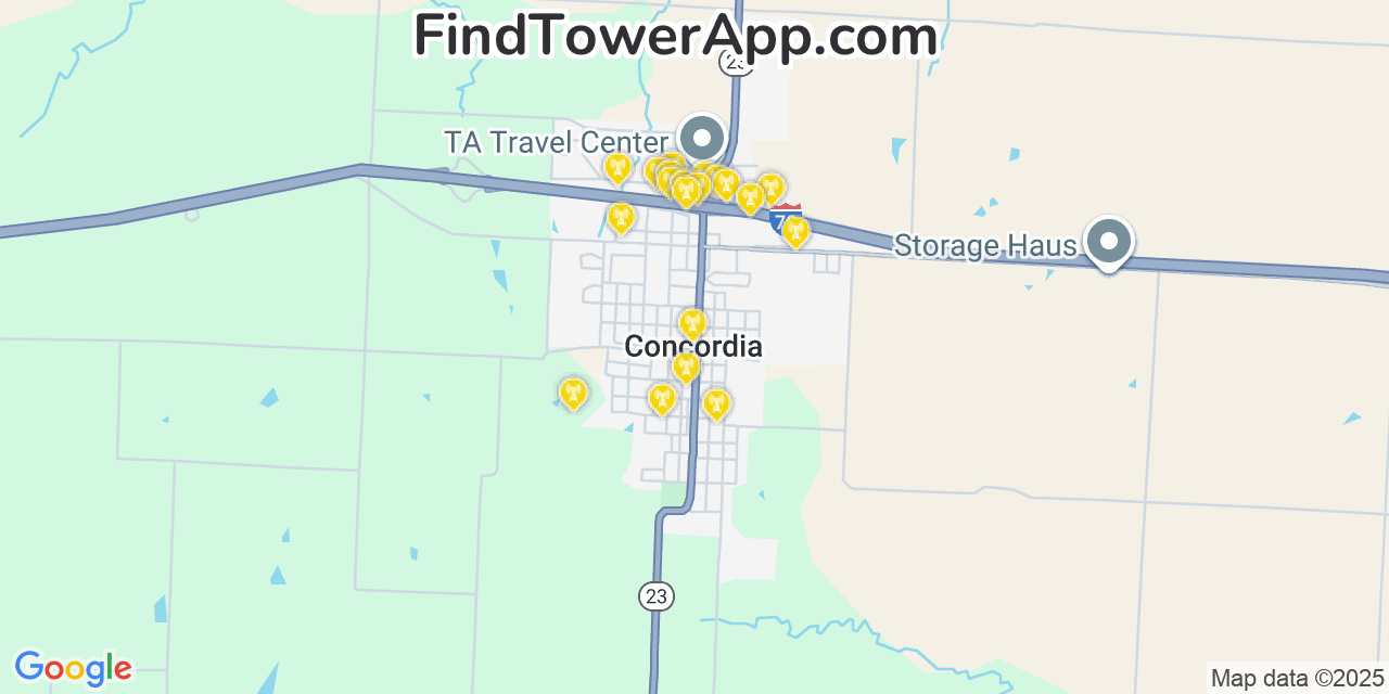 Map showing the 20 primary cell tower locations detected in Concordia, Missouri from AT&T, Verizon, and T-Mobile networks