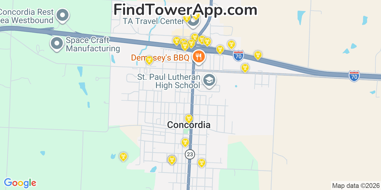 Map showing the 20 primary cell tower locations detected in Concordia, Missouri from AT&T, Verizon, and T-Mobile networks