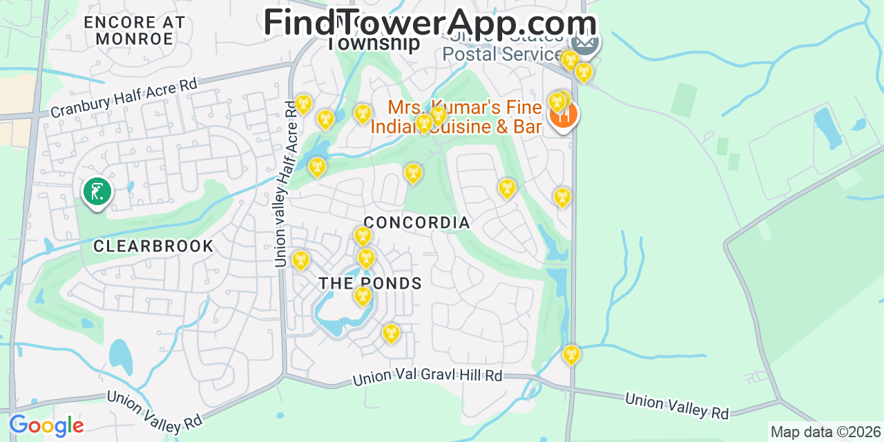 Map showing the 20 primary cell tower locations detected in Concordia, New Jersey from AT&T, Verizon, and T-Mobile networks