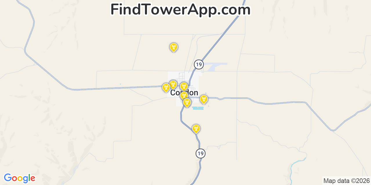 Map showing the 20 primary cell tower locations detected in Condon, Oregon from AT&T, Verizon, and T-Mobile networks