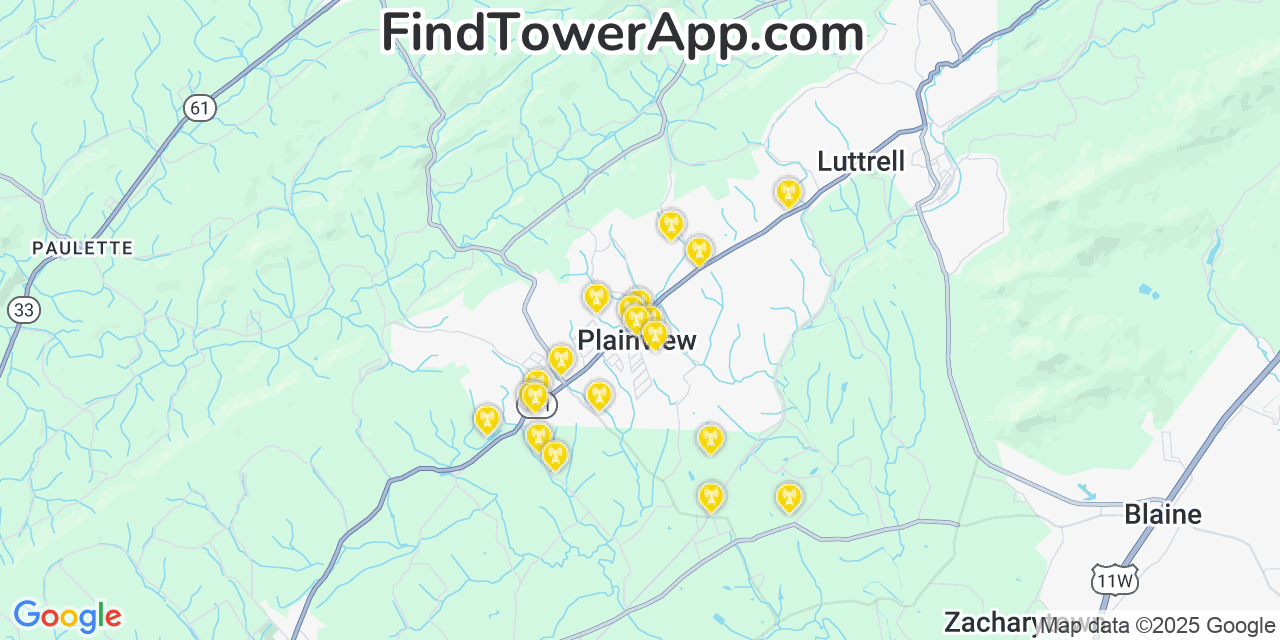 Map showing the 20 primary cell tower locations detected in Condon, Tennessee from AT&T, Verizon, and T-Mobile networks