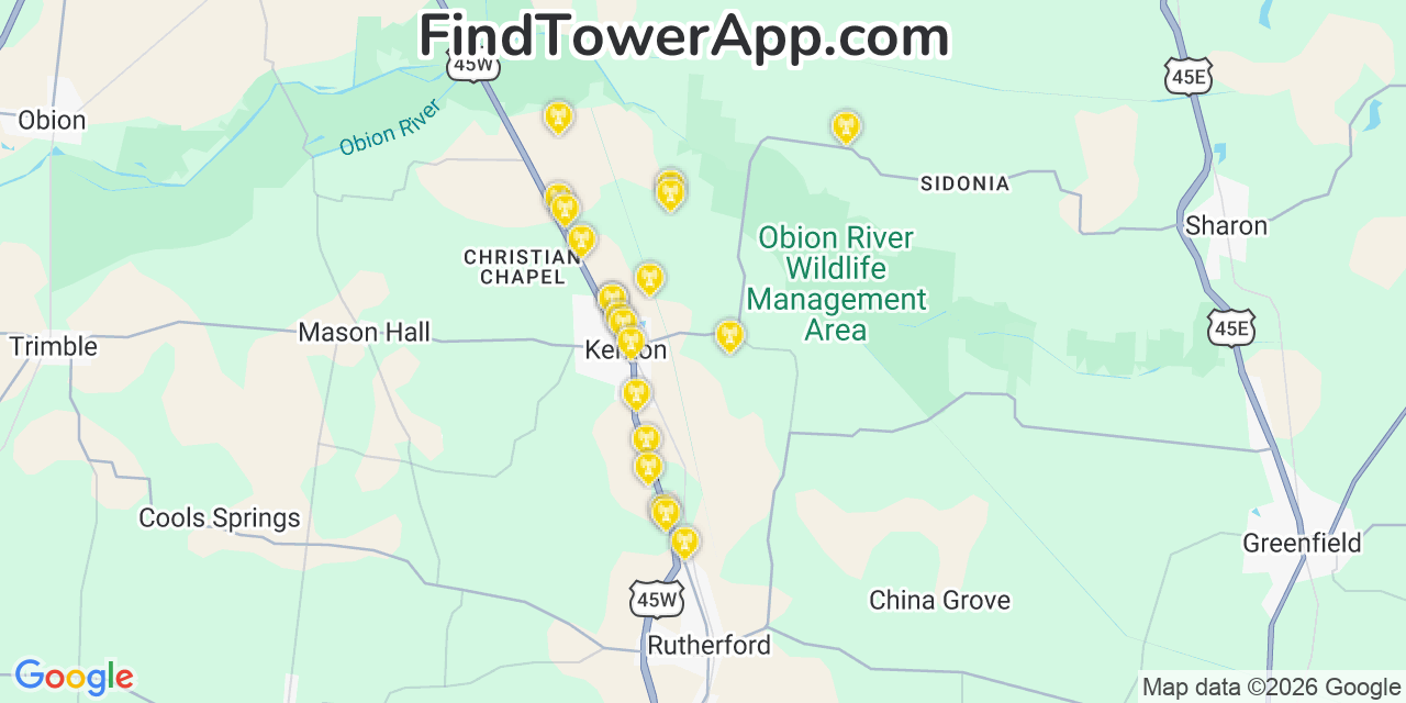 Map showing the 20 primary cell tower locations detected in Condon, Tennessee from AT&T, Verizon, and T-Mobile networks