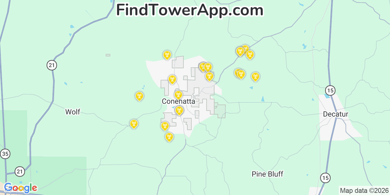 Map showing the 20 primary cell tower locations detected in Conehatta, Mississippi from AT&T, Verizon, and T-Mobile networks