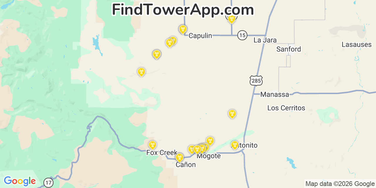 Map showing the 20 primary cell tower locations detected in Conejos, Colorado from AT&T, Verizon, and T-Mobile networks