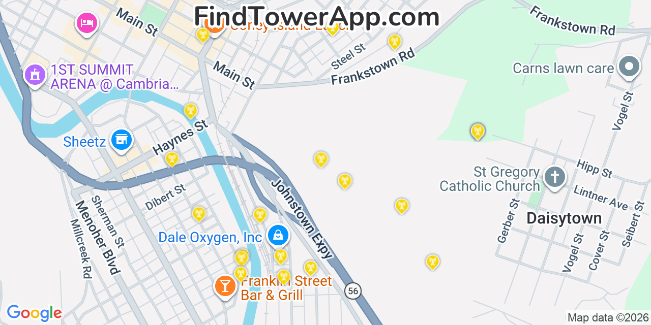 Map showing the 20 primary cell tower locations detected in Conemaugh, Pennsylvania from AT&T, Verizon, and T-Mobile networks