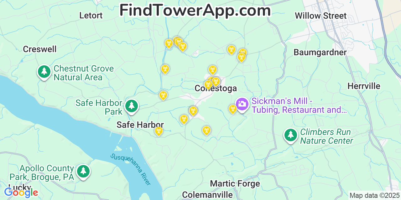 Map showing the 20 primary cell tower locations detected in Conestoga, Pennsylvania from AT&T, Verizon, and T-Mobile networks