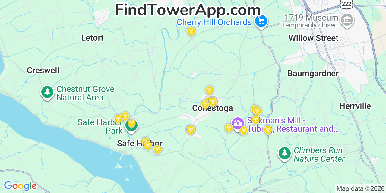 Map showing the 20 primary cell tower locations detected in Conestoga, Pennsylvania from AT&T, Verizon, and T-Mobile networks
