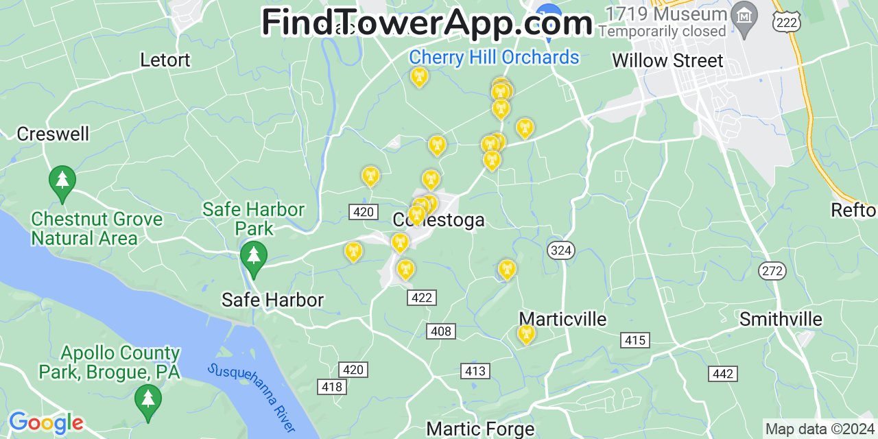 Verizon 4G/5G cell tower coverage map Conestoga, Pennsylvania