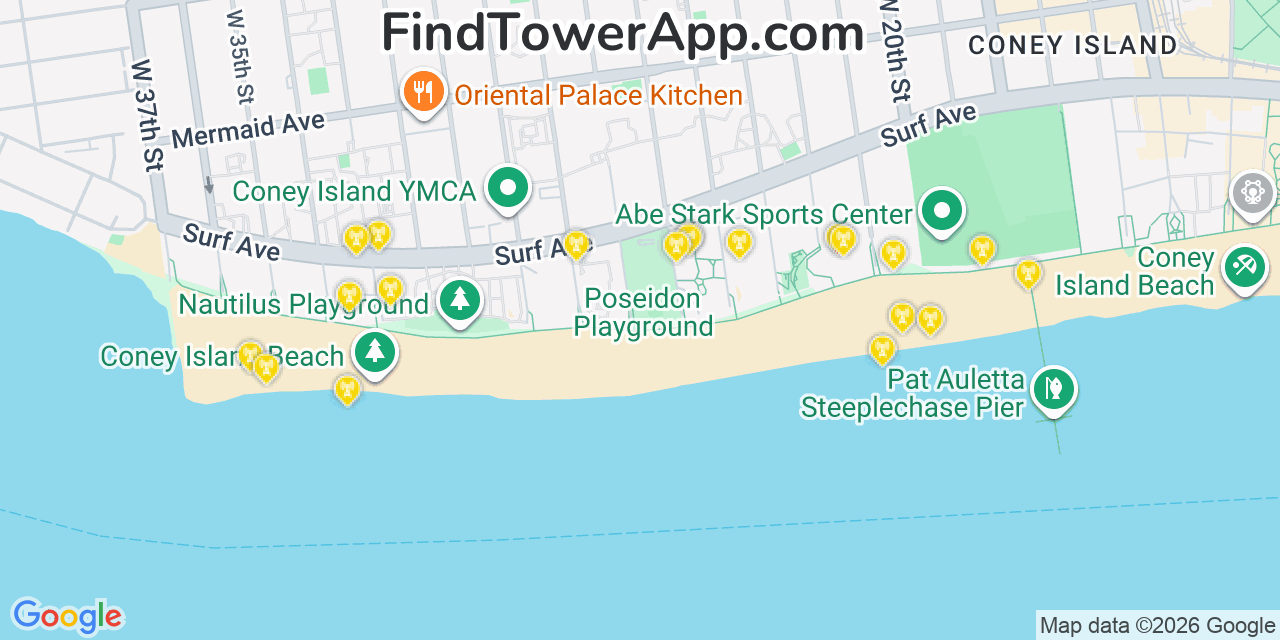 Map showing the 20 primary cell tower locations detected in Coney Island, New York from AT&T, Verizon, and T-Mobile networks