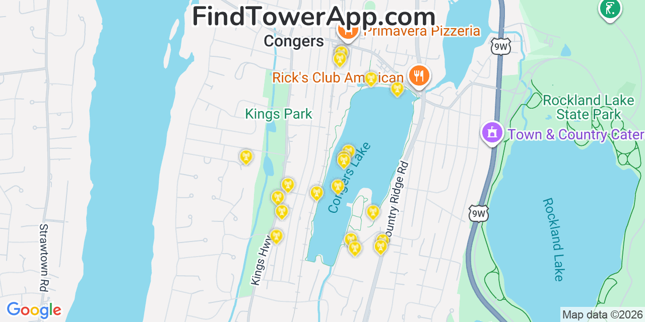 Map showing the 20 primary cell tower locations detected in Congers, New York from AT&T, Verizon, and T-Mobile networks