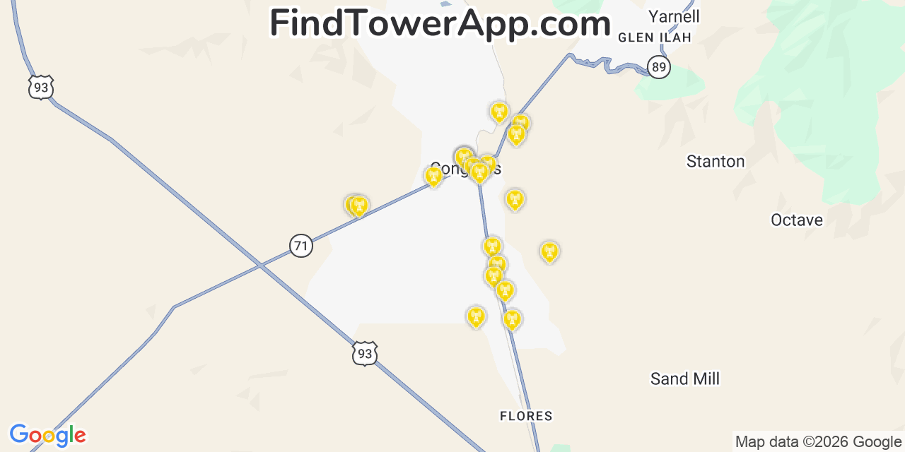Map showing the 20 primary cell tower locations detected in Congress, Arizona from AT&T, Verizon, and T-Mobile networks