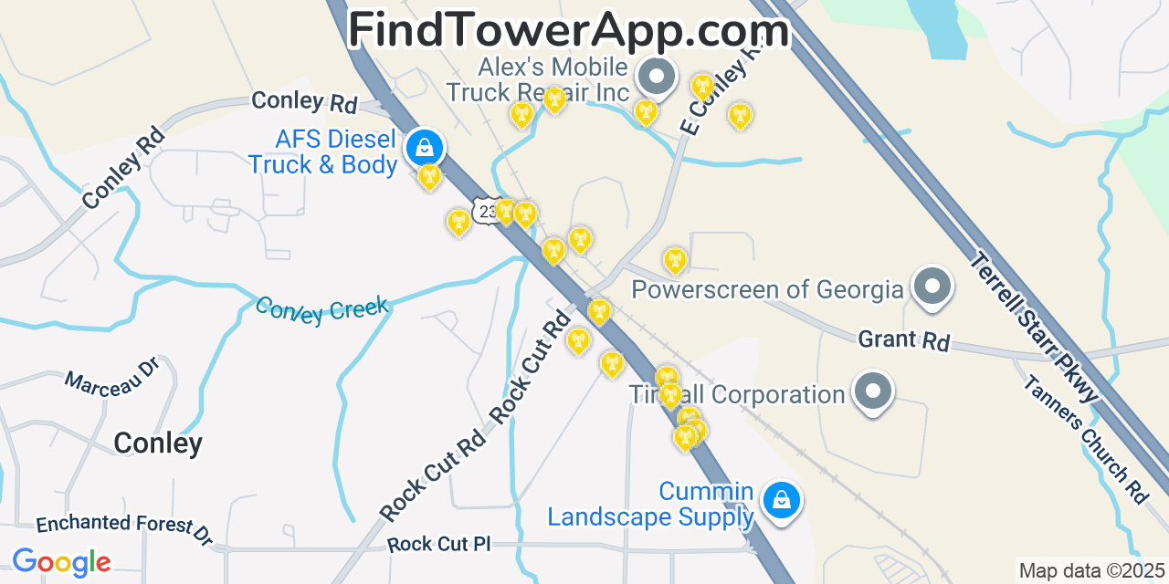 Map showing the 20 primary cell tower locations detected in Conley, Georgia from AT&T, Verizon, and T-Mobile networks