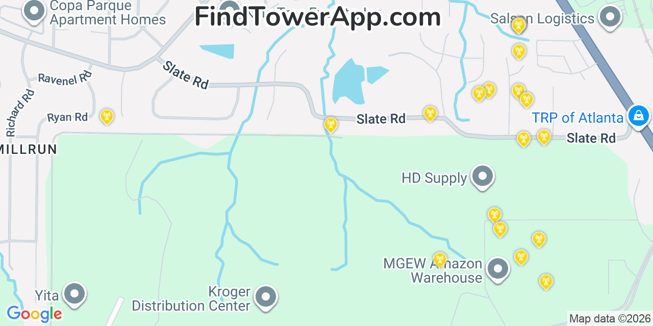 Map showing the 20 primary cell tower locations detected in Conley, Georgia from AT&T, Verizon, and T-Mobile networks