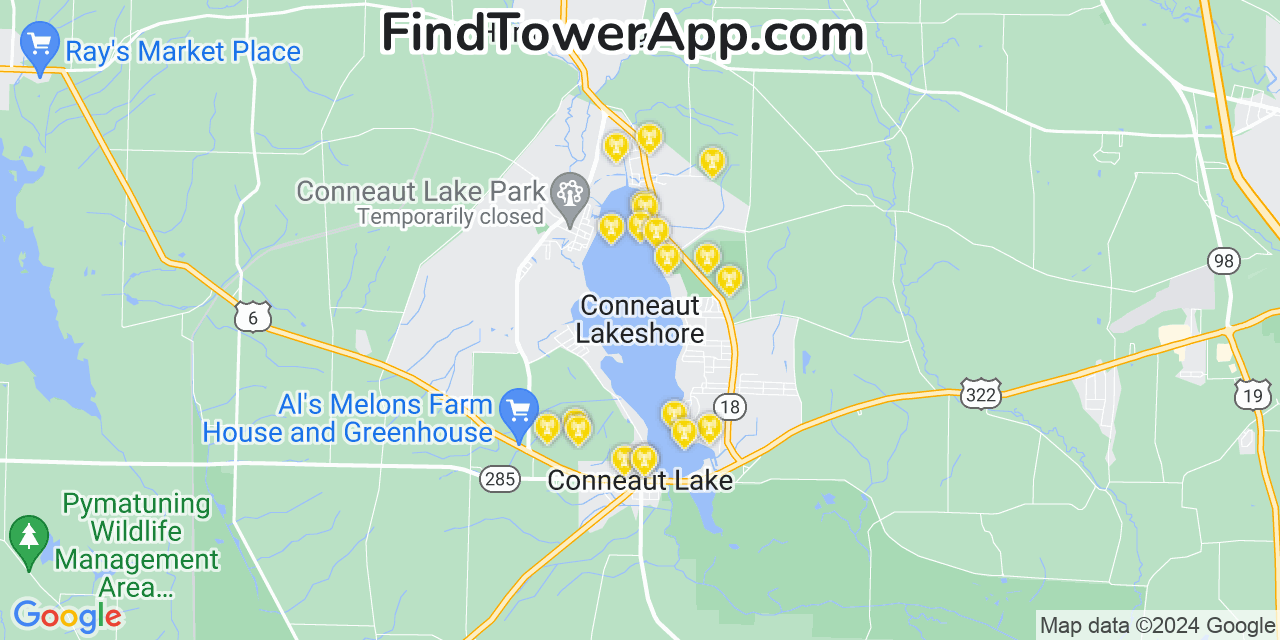 AT&T 4G/5G cell tower coverage map Conneaut Lakeshore, Pennsylvania