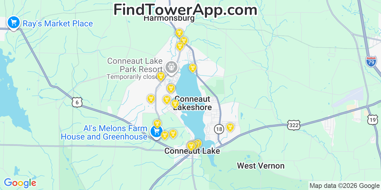 Map showing the 20 primary cell tower locations detected in Conneaut Lakeshore, Pennsylvania from AT&T, Verizon, and T-Mobile networks