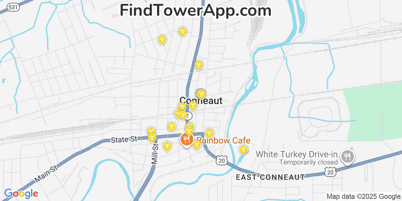 Map showing the 20 primary cell tower locations detected in Conneaut, Ohio from AT&T, Verizon, and T-Mobile networks