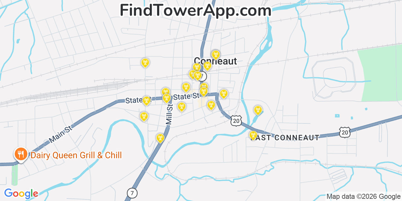 Map showing the 20 primary cell tower locations detected in Conneaut, Ohio from AT&T, Verizon, and T-Mobile networks