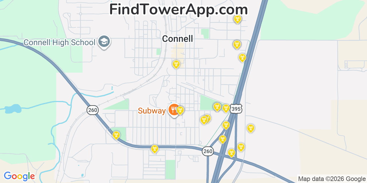 Map showing the 20 primary cell tower locations detected in Connell, Washington from AT&T, Verizon, and T-Mobile networks
