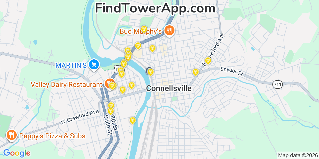 Map showing the 20 primary cell tower locations detected in Connellsville, Pennsylvania from AT&T, Verizon, and T-Mobile networks