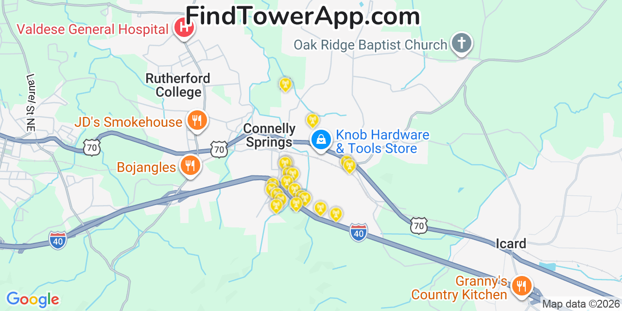 Map showing the 20 primary cell tower locations detected in Connelly Springs, North Carolina from AT&T, Verizon, and T-Mobile networks