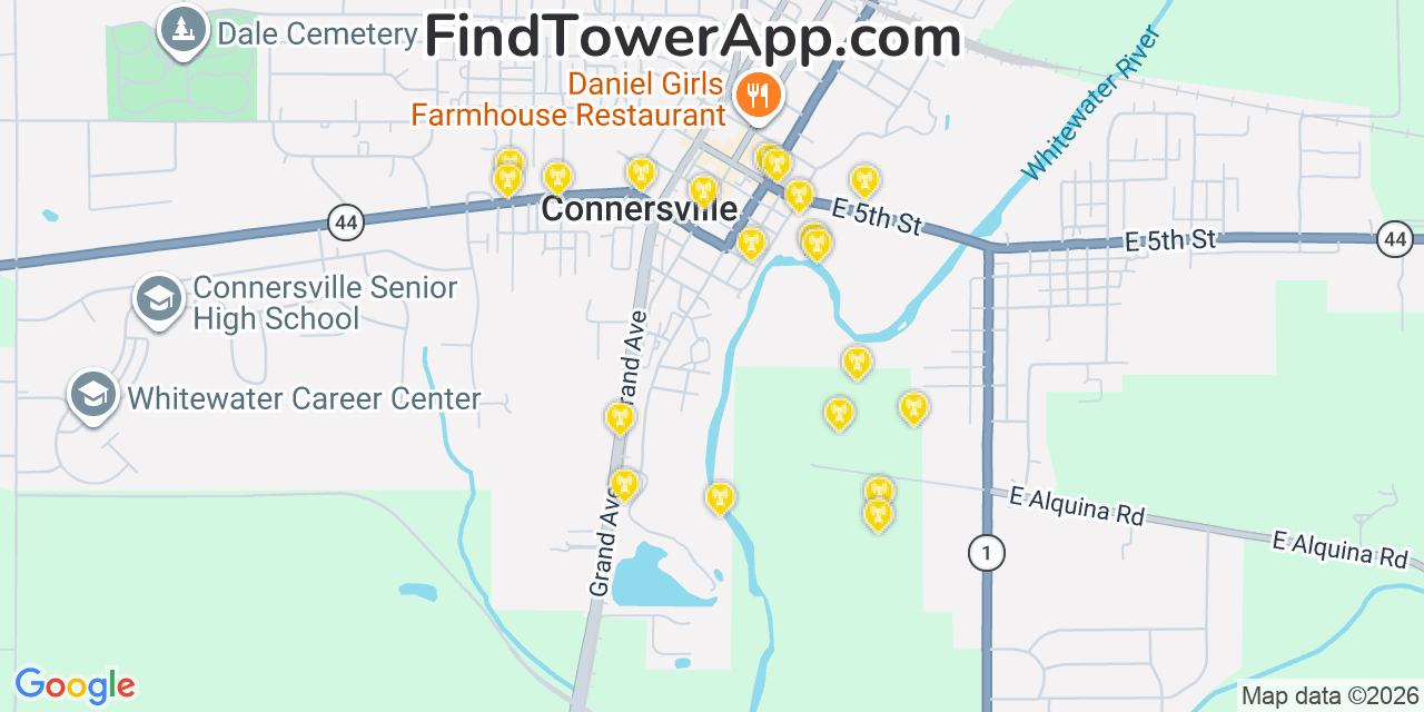 Map showing the 20 primary cell tower locations detected in Connersville, Indiana from AT&T, Verizon, and T-Mobile networks