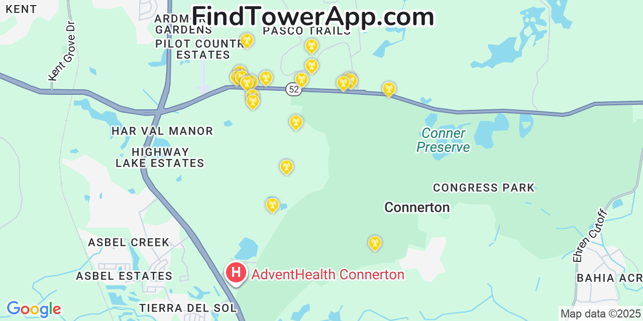 Map showing the 20 primary cell tower locations detected in Connerton, Florida from AT&T, Verizon, and T-Mobile networks