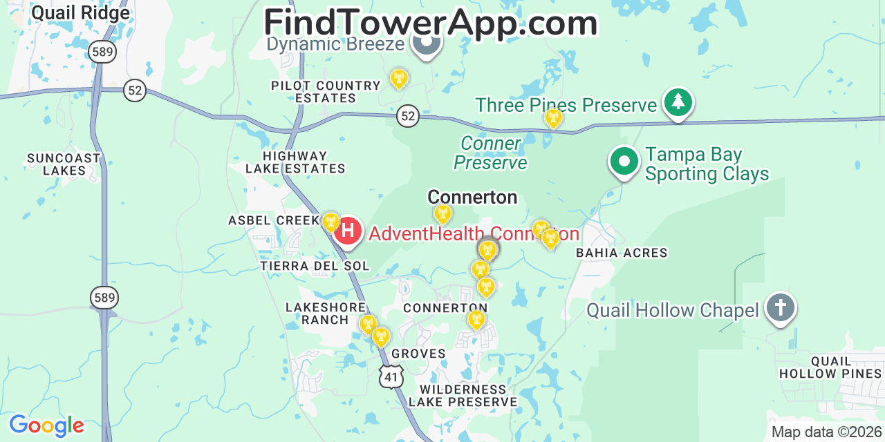 Map showing the 20 primary cell tower locations detected in Connerton, Florida from AT&T, Verizon, and T-Mobile networks