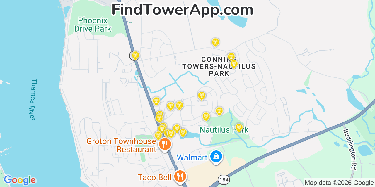 Map showing the 20 primary cell tower locations detected in Conning Towers Nautilus Park, Connecticut from AT&T, Verizon, and T-Mobile networks