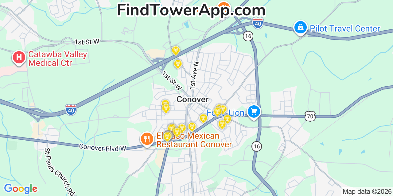 Map showing the 20 primary cell tower locations detected in Conover, North Carolina from AT&T, Verizon, and T-Mobile networks
