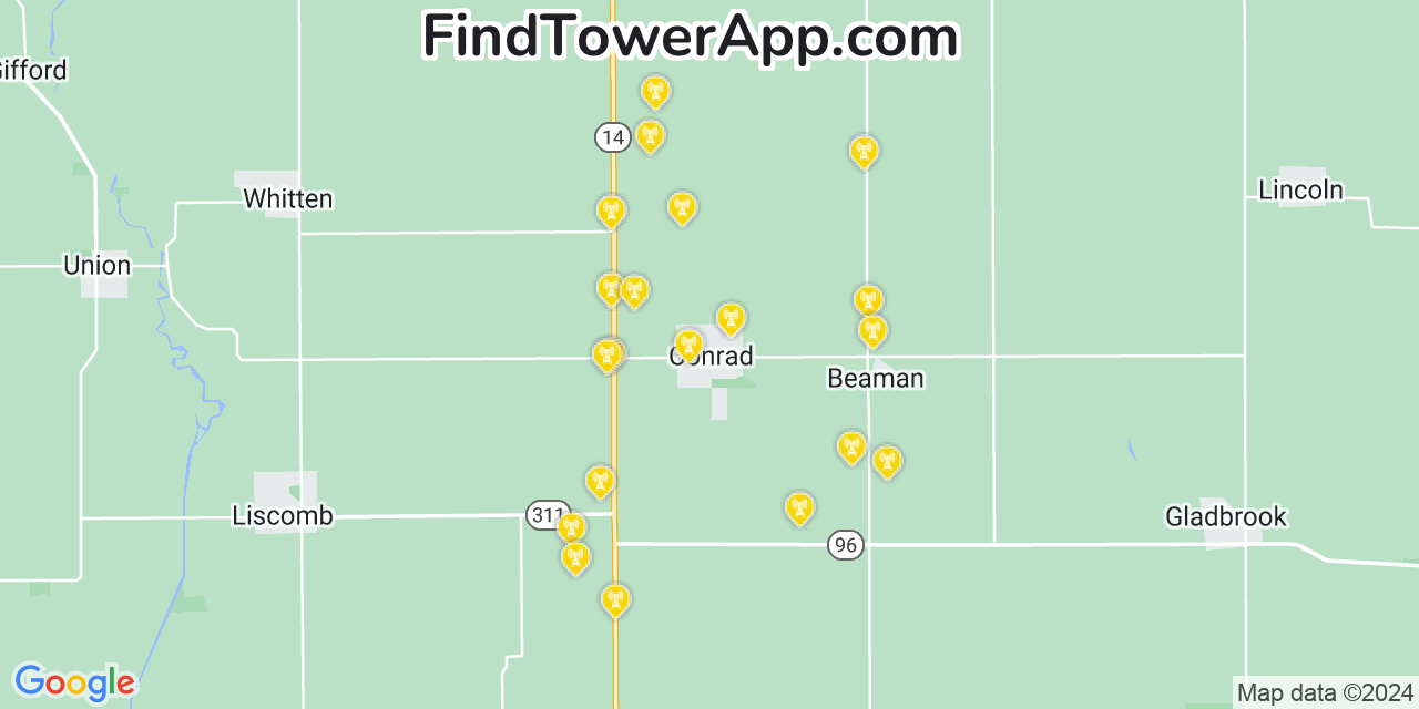 AT&T 4G/5G cell tower coverage map Conrad, Iowa