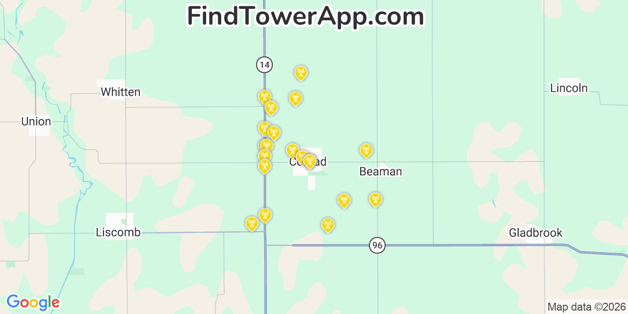 Map showing the 20 primary cell tower locations detected in Conrad, Iowa from AT&T, Verizon, and T-Mobile networks