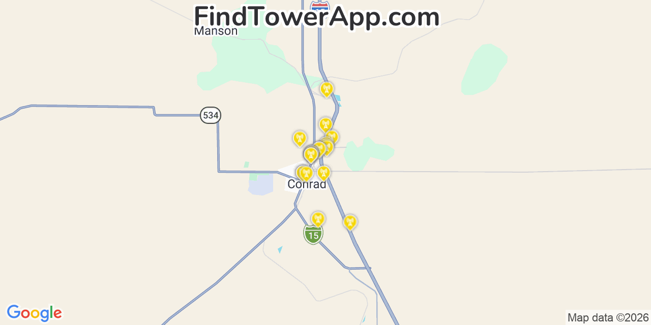 Map showing the 20 primary cell tower locations detected in Conrad, Montana from AT&T, Verizon, and T-Mobile networks