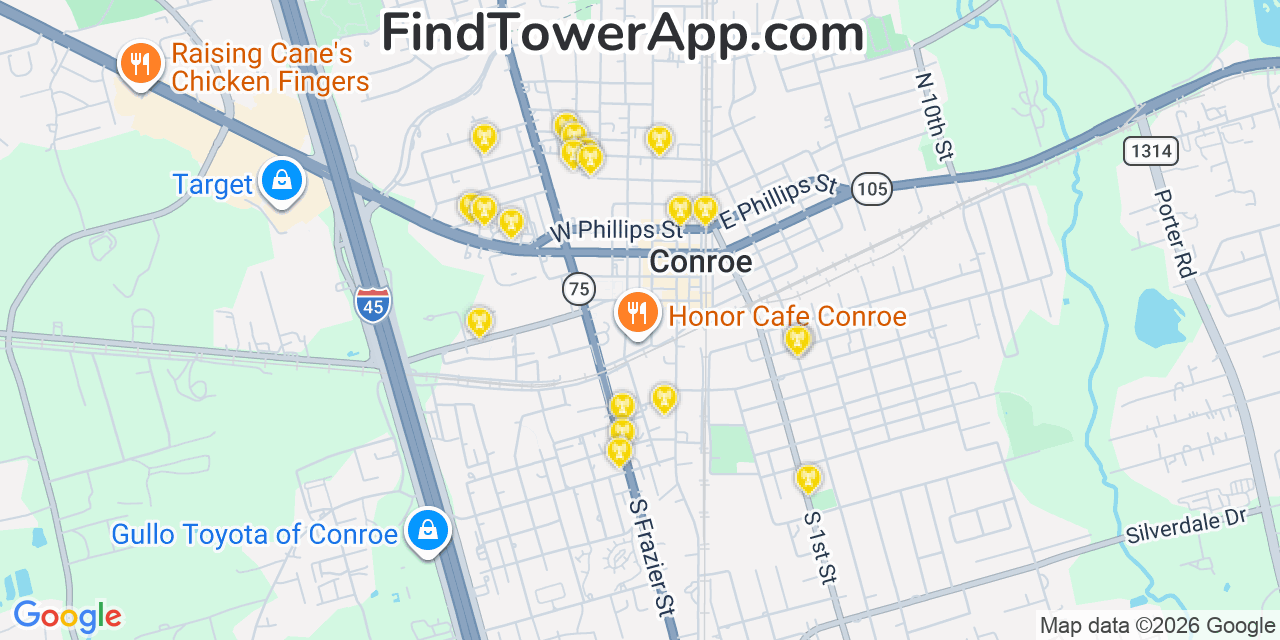 Map showing the 20 primary cell tower locations detected in Conroe, Texas from AT&T, Verizon, and T-Mobile networks