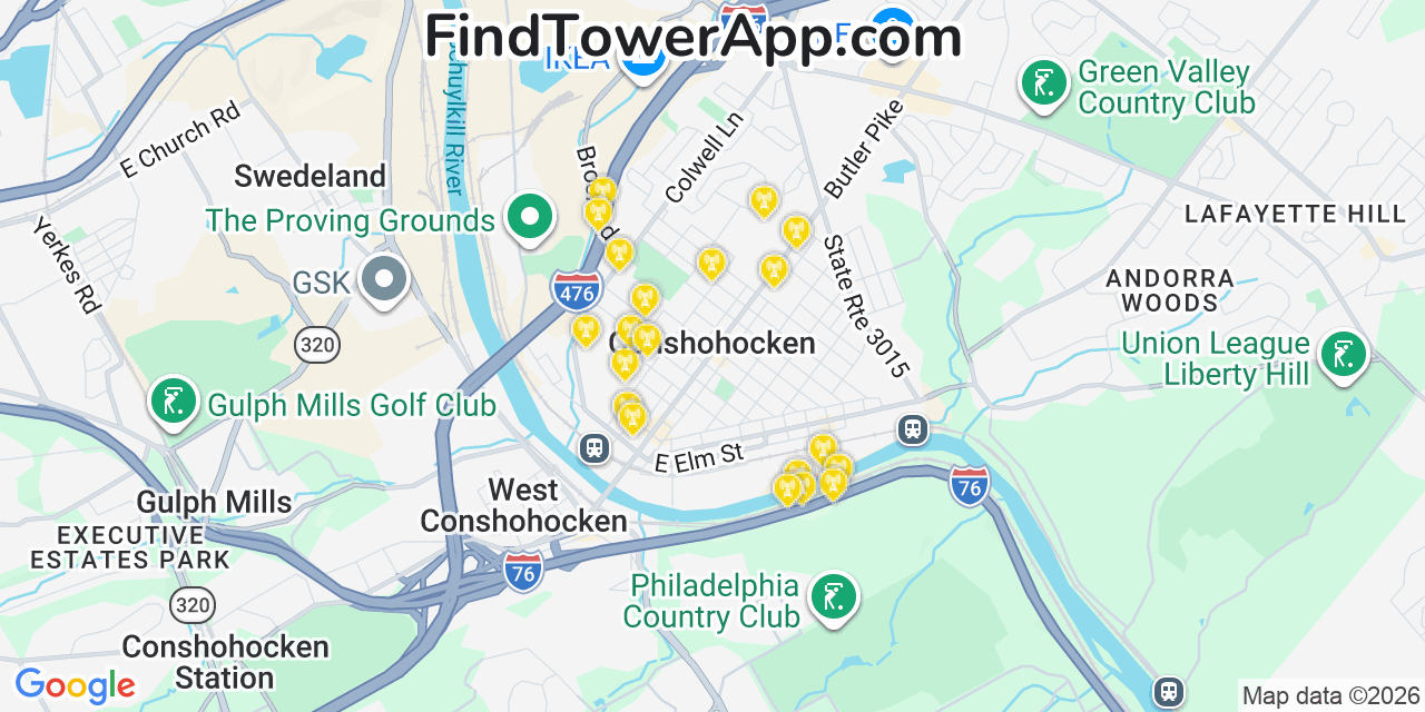 Map showing the 20 primary cell tower locations detected in Conshohocken, Pennsylvania from AT&T, Verizon, and T-Mobile networks