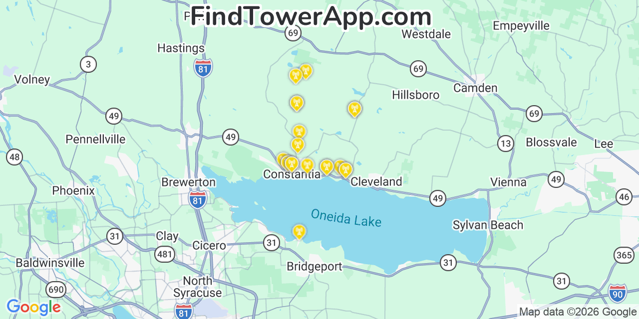 Map showing the 20 primary cell tower locations detected in Constantia, New York from AT&T, Verizon, and T-Mobile networks